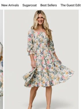 Baltic Born Floral Smocked Tiered Midi Dress in Cream, Pink, Yellow & Green